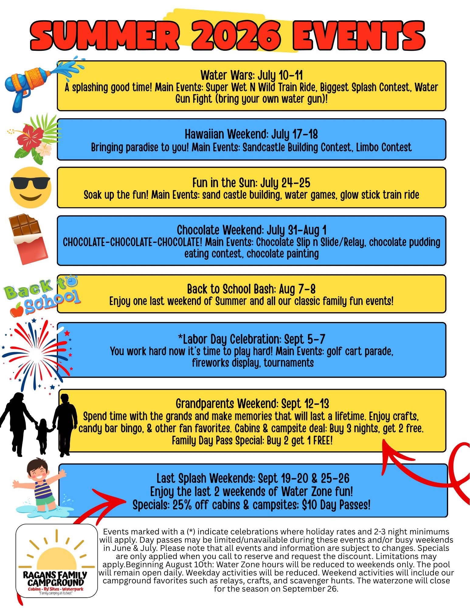 Ragans Family Campground Summer 2026 activities and events schedule featuring themed camping weekends, water activities, Hawaiian weekend, chocolate weekend, Labor Day celebration, and family events from July through September.